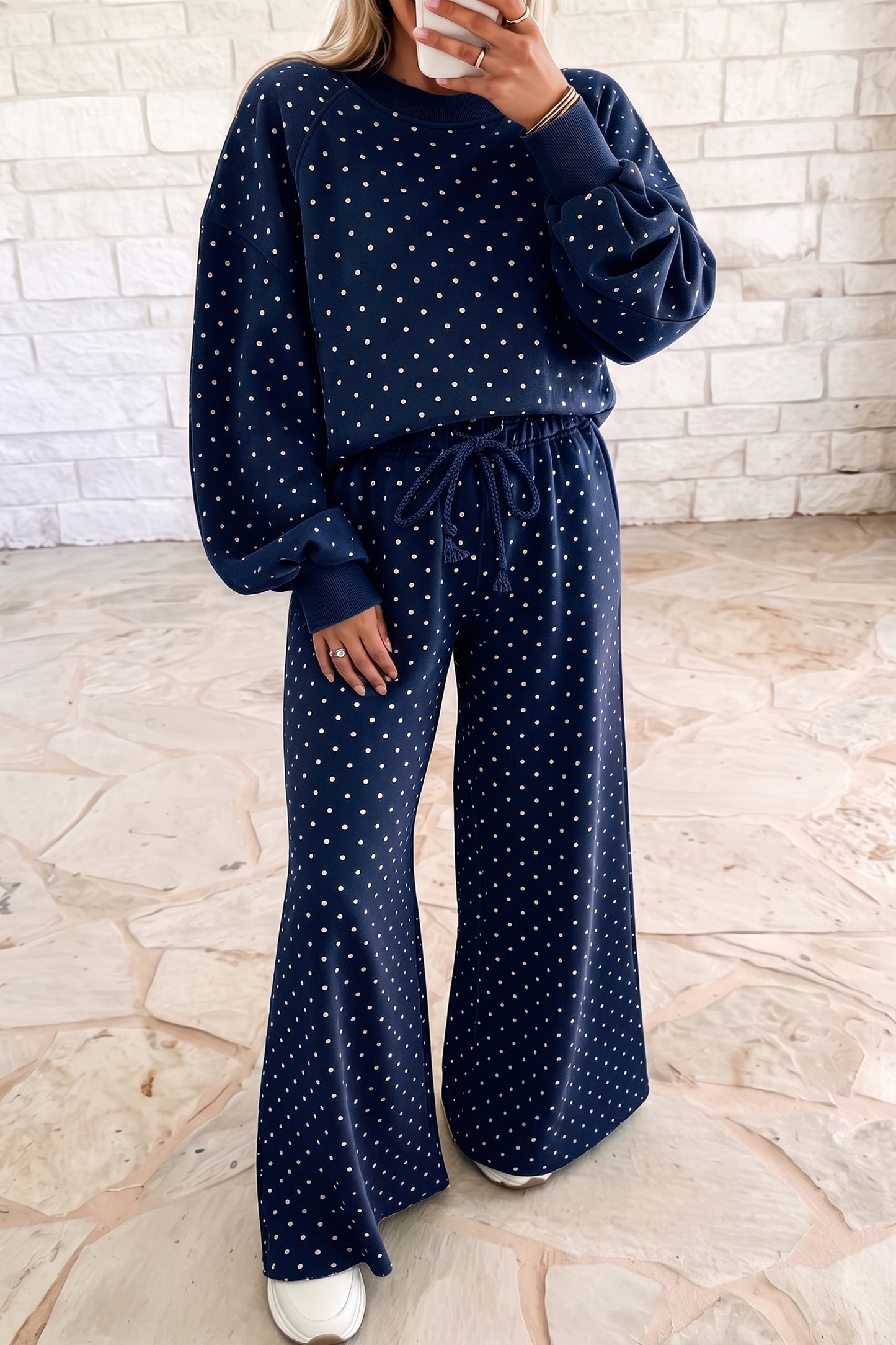 Brown Polka Dot Drawstring Wide Leg Long Sleeve Top Pant Set-Two Piece Sets/Pant Sets-[Adult]-[Female]-Blue-S-2022 Online Blue Zone Planet