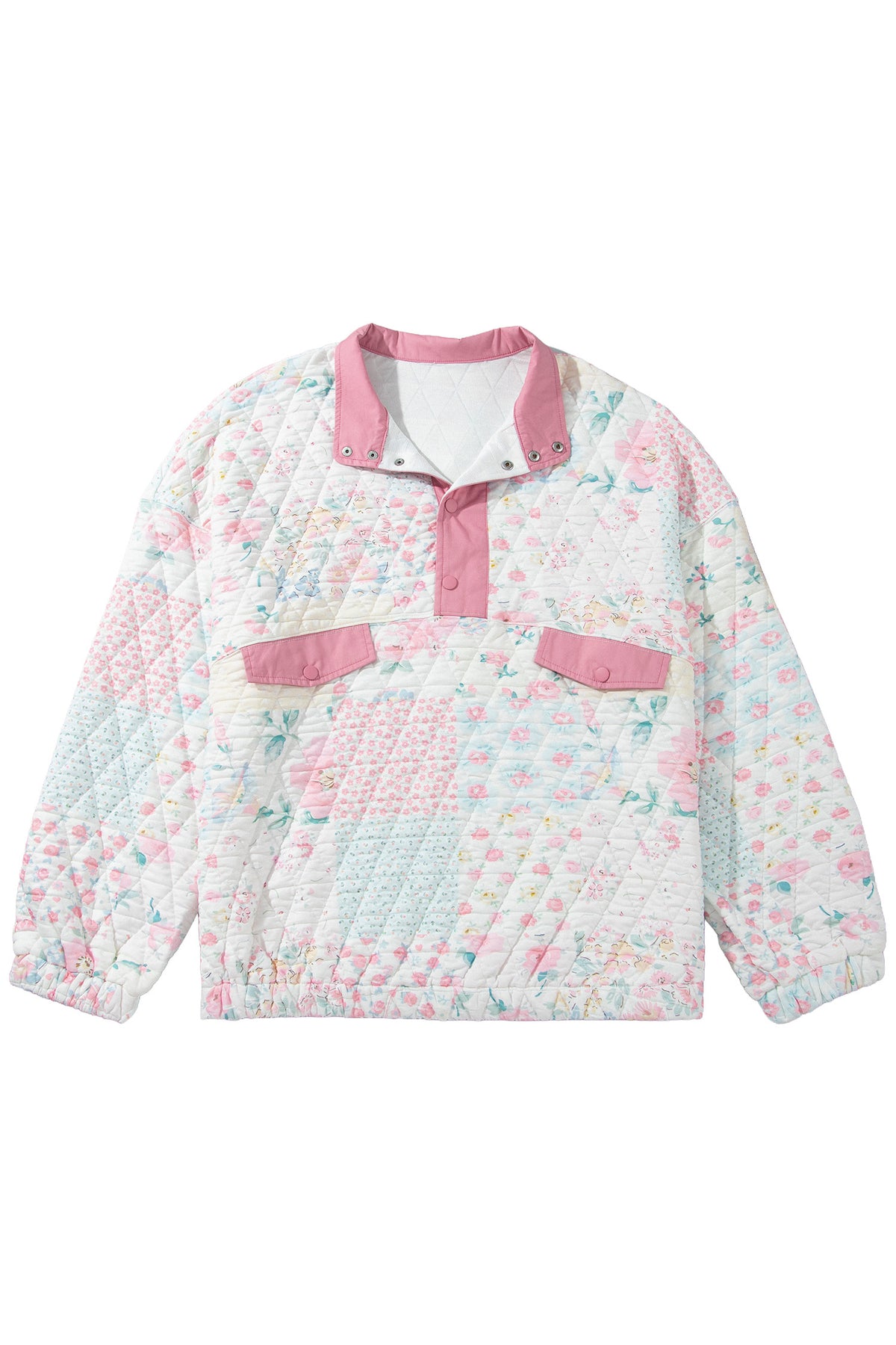 Pink Floral Quilted V-Neck Plus Size Fake Pocket Sweatshirt-Plus Size/Plus Size Sweatshirts & Hoodies-[Adult]-[Female]-2022 Online Blue Zone Planet