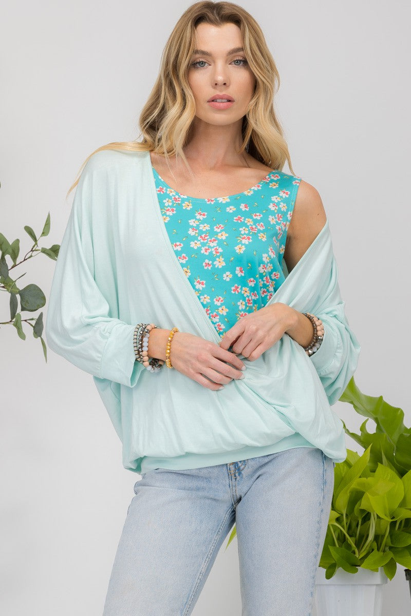 Celeste Full Size Floral Round Neck Top with Two Layer Detail-TOPS / DRESSES-[Adult]-[Female]-Mint-S-2022 Online Blue Zone Planet