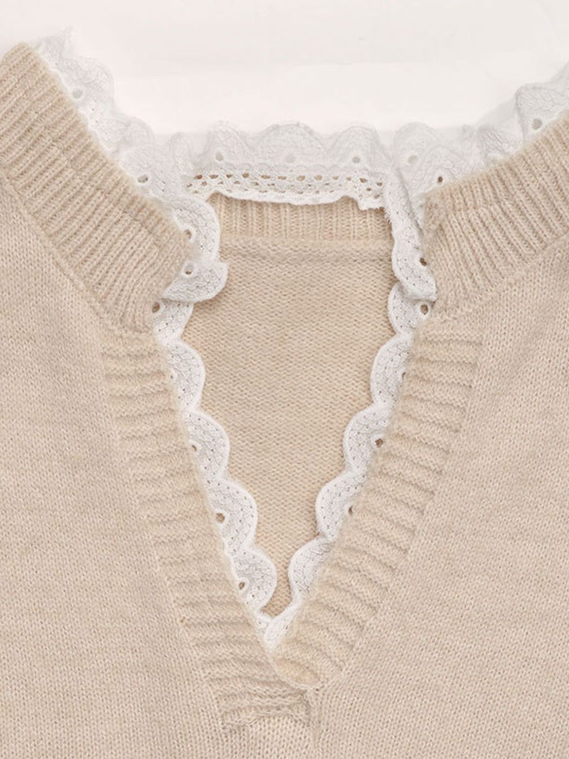 Perfee Lace Detail Notched Long Sleeve Sweater-TOPS / DRESSES-[Adult]-[Female]-2022 Online Blue Zone Planet