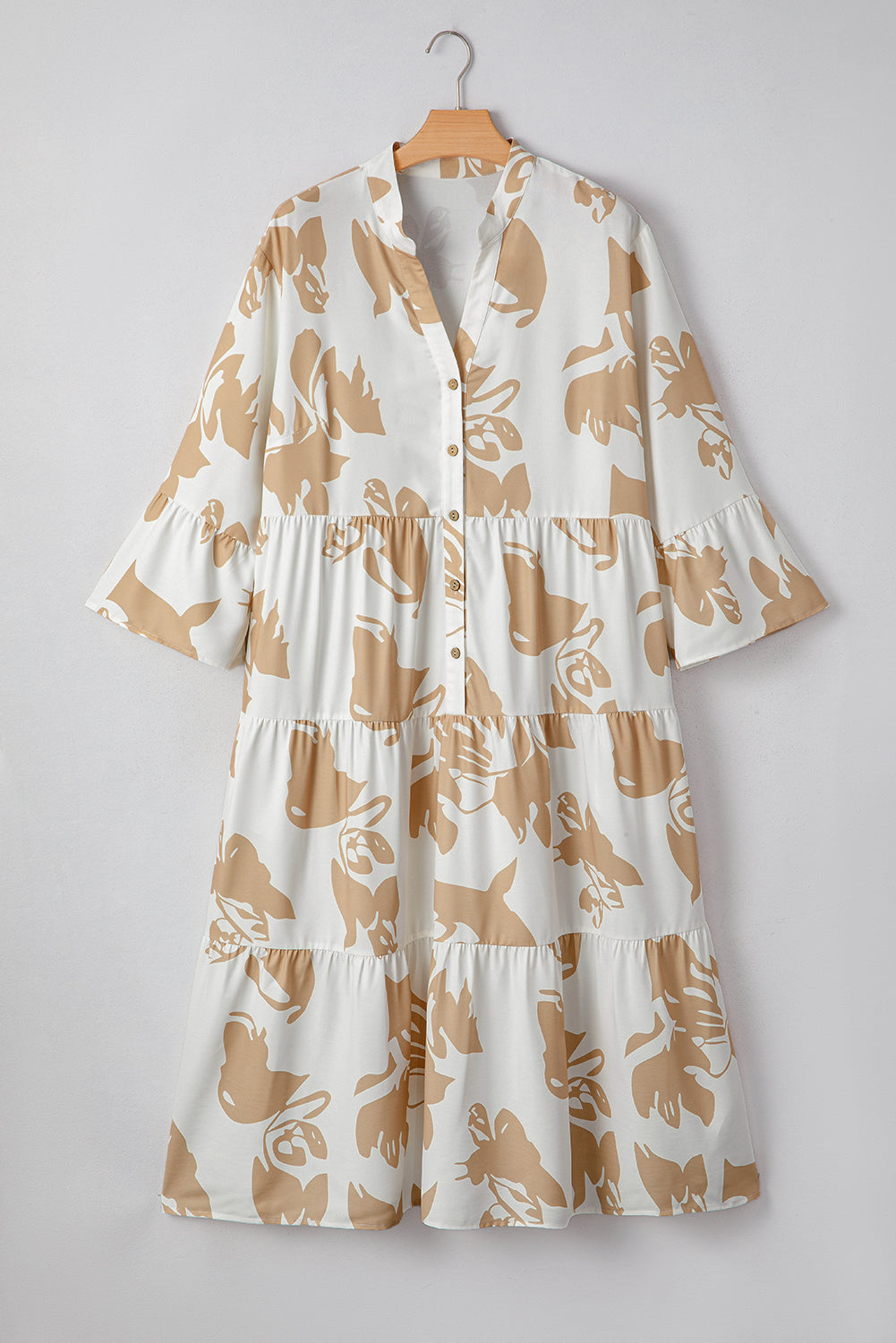 Khaki Patterned Ruffled Sleeve Half Placket Tiered A-line Plus Size Long Dress-TOPS / DRESSES-[Adult]-[Female]-2022 Online Blue Zone Planet