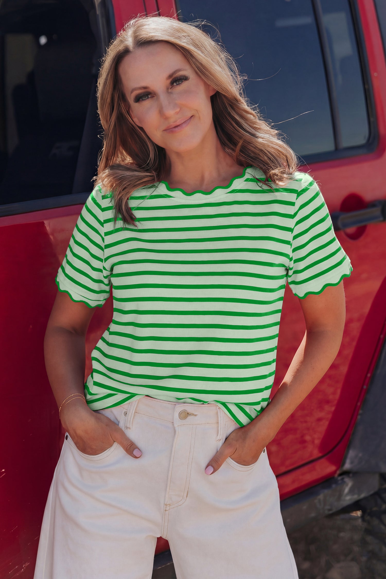 Green Stripe Scalloped Trim Round Neck T Shirt-Tops/Tops & Tees-[Adult]-[Female]-2022 Online Blue Zone Planet