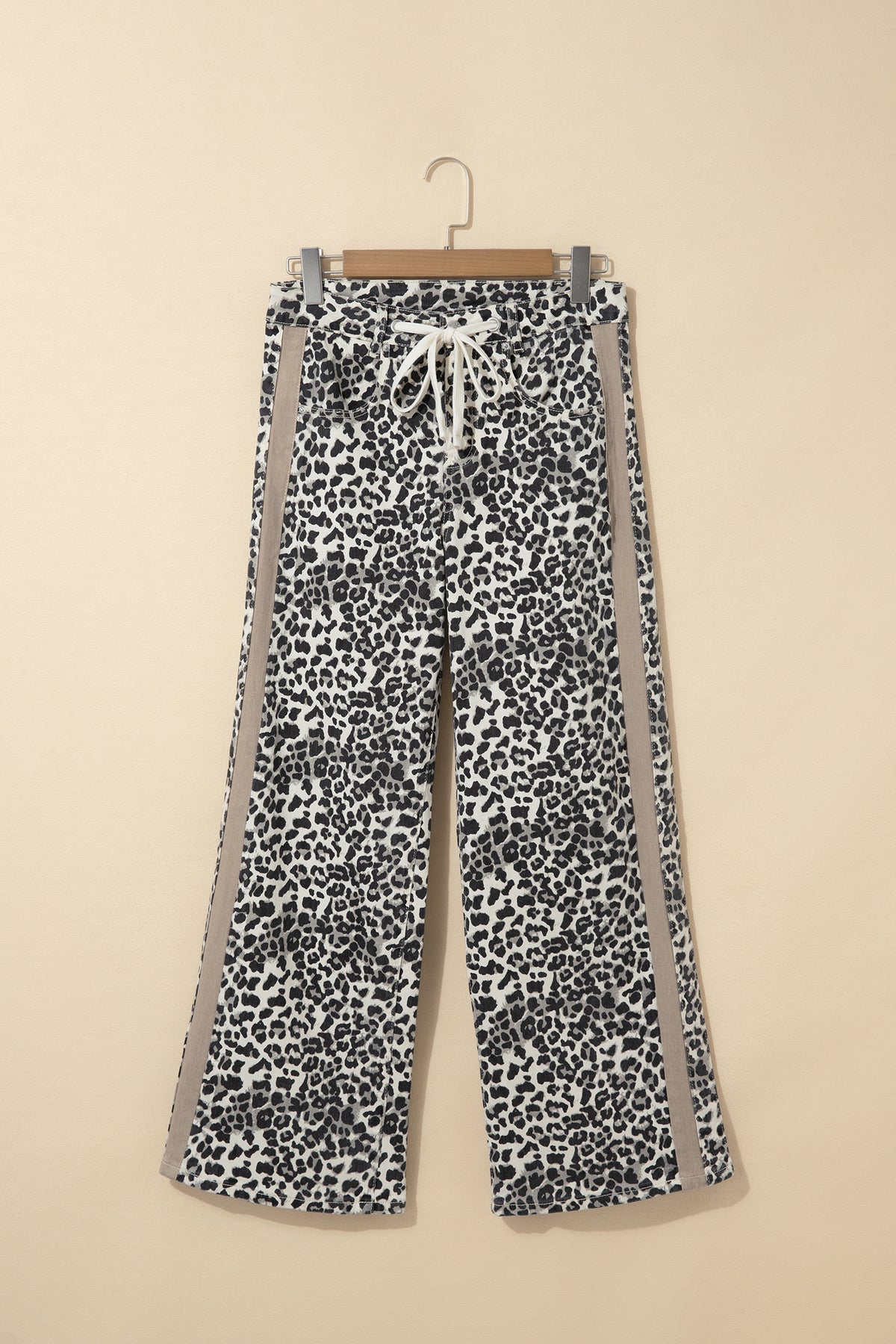 Khaki Leopard Print Drawstring Waist Straight Leg Jeans-Bottoms/Jeans-[Adult]-[Female]-2022 Online Blue Zone Planet