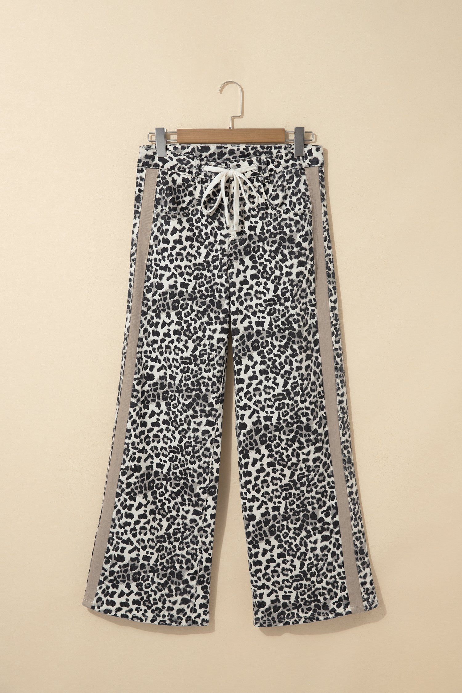 Khaki Leopard Print Drawstring Waist Straight Leg Jeans-Bottoms/Jeans-[Adult]-[Female]-2022 Online Blue Zone Planet