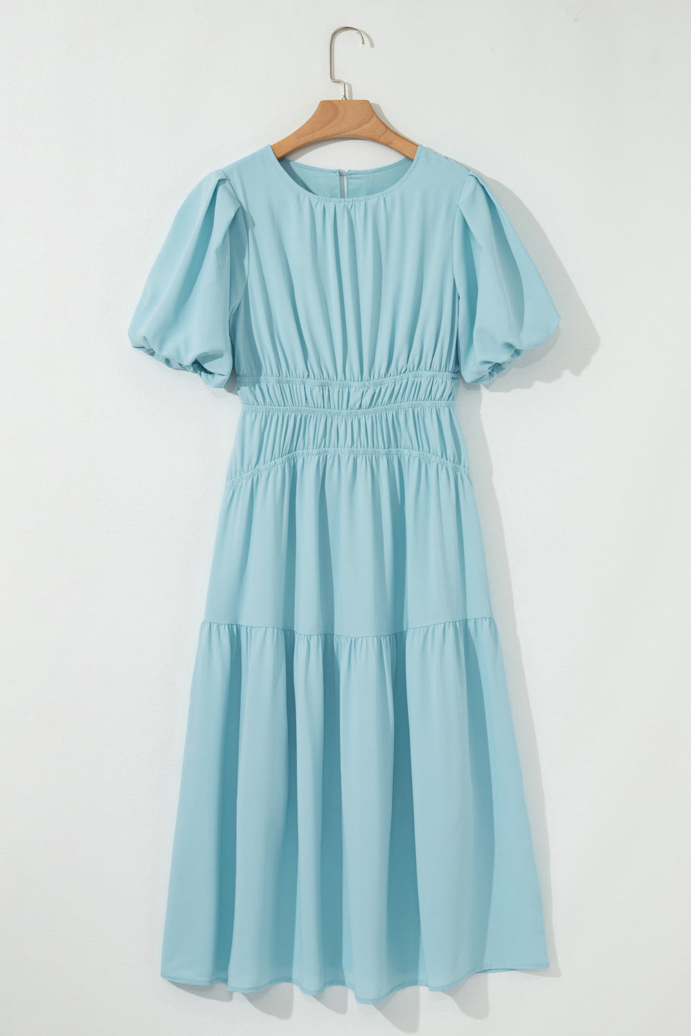 Light Blue Puff Sleeve Pleated High Waist Flowy Long Dress-Dresses/Maxi Dresses-[Adult]-[Female]-2022 Online Blue Zone Planet