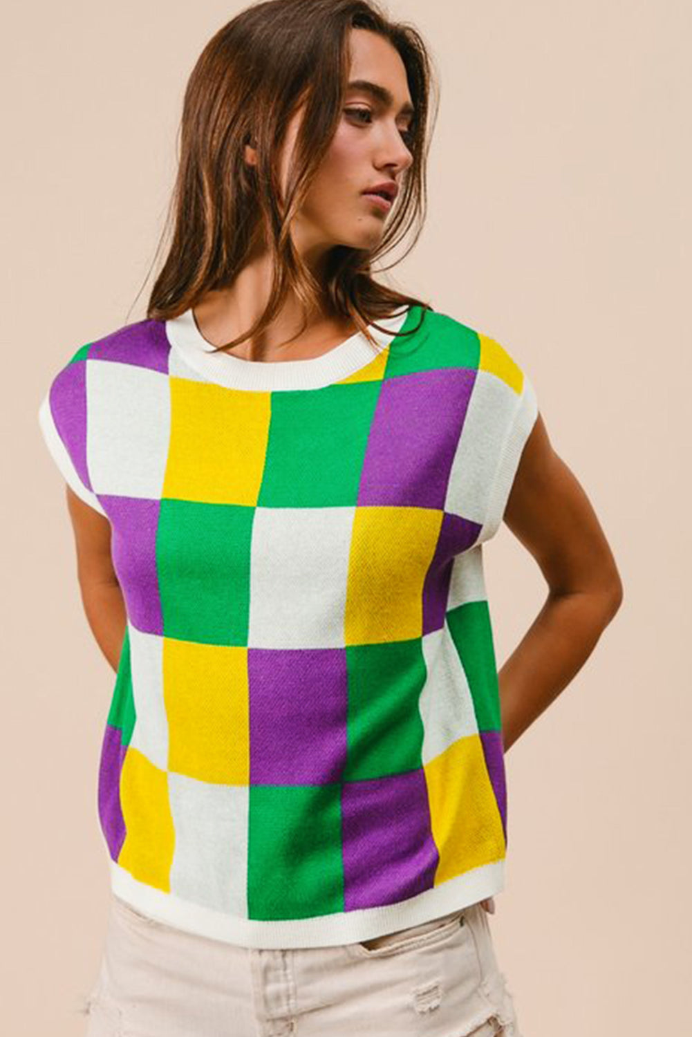 Tillandsia Purple Checkered Color Block Cap Sleeve Mardi Gras Knitted Top-Knit Tops-[Adult]-[Female]-2022 Online Blue Zone Planet