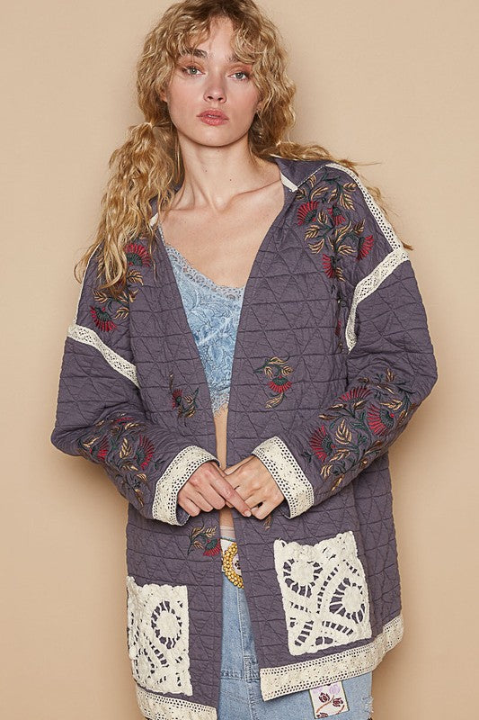 Blue Zone Planet | POL Embroidered Open Front Quilted Jacket with Crochet Pockets-TOPS / DRESSES-[Adult]-[Female]-Mauve-S-2022 Online Blue Zone Planet