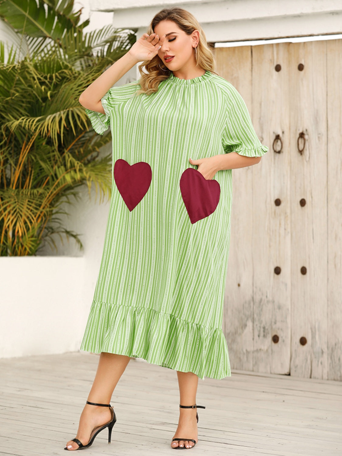 Plus Size Frill Heart Striped Half Sleeve Dress-TOPS / DRESSES-[Adult]-[Female]-2022 Online Blue Zone Planet