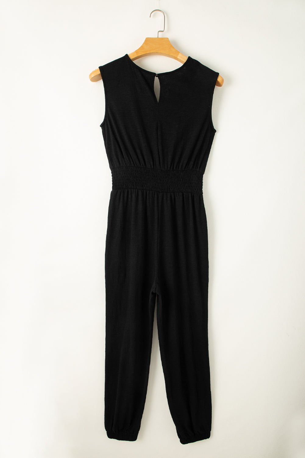Black Shirred High Waist Sleeveless V Neck Jumpsuit-Bottoms/Jumpsuits & Rompers-[Adult]-[Female]-2022 Online Blue Zone Planet