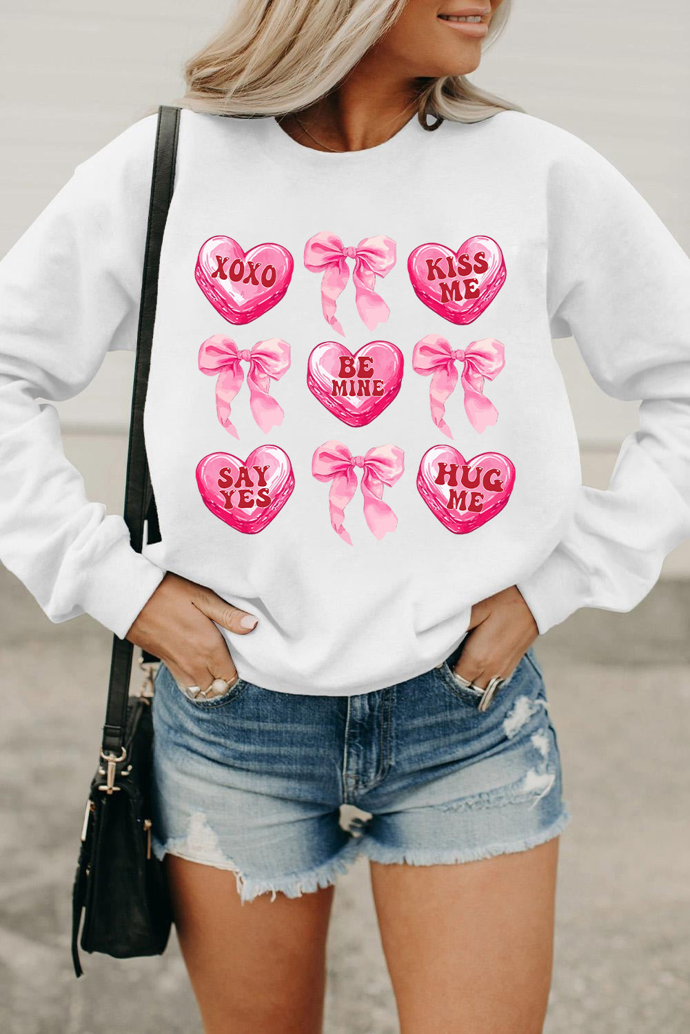 White Valentine Candy Heart & Bow Graphic Sweatshirt-Graphic Sweatshirts-[Adult]-[Female]-White-S-2022 Online Blue Zone Planet