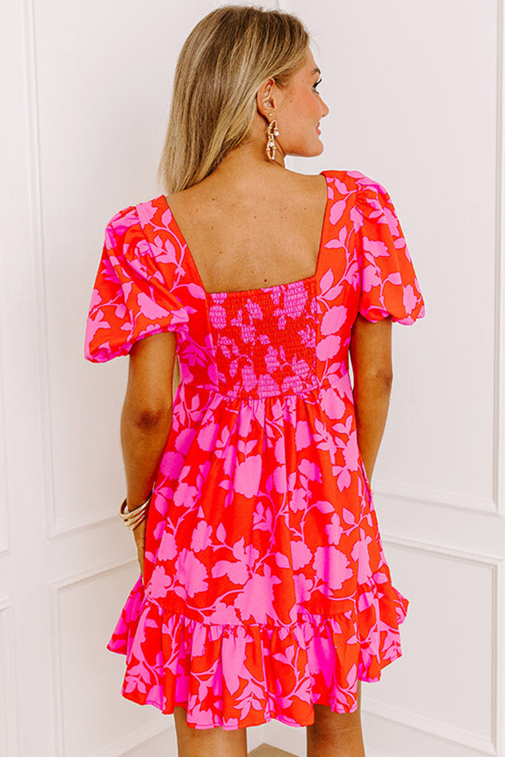 Red Floral Bubble Sleeve Sweetheart Neck Ruffled Mini Dress-Dresses/Floral Dresses-[Adult]-[Female]-2022 Online Blue Zone Planet