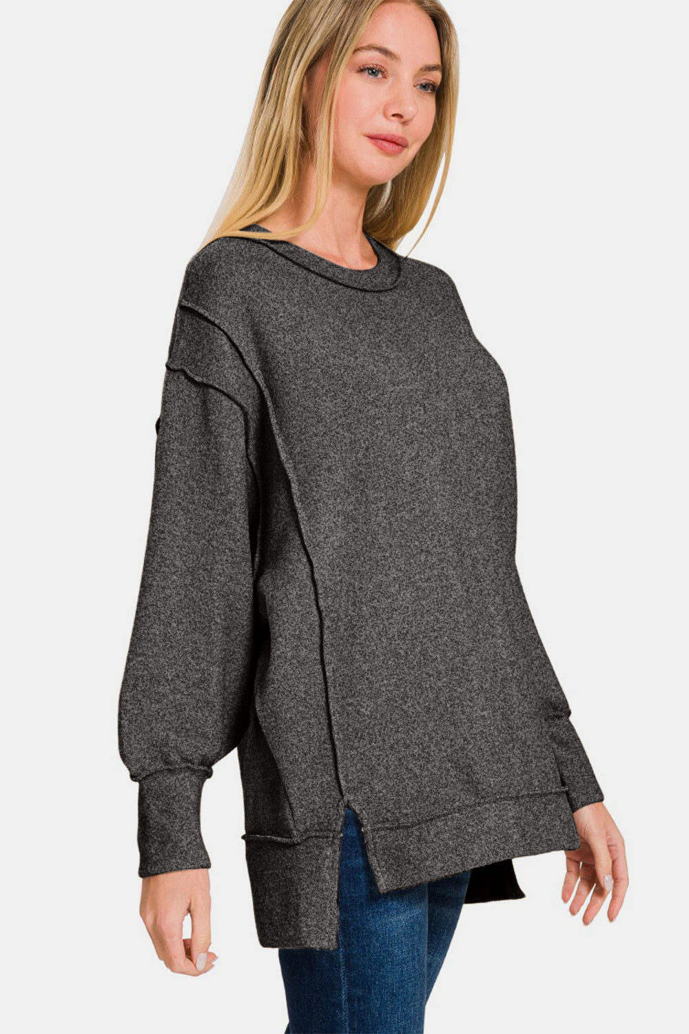 Zenana Full Size High-Low Round Neck Long Sleeve Sweater-TOPS / DRESSES-[Adult]-[Female]-2022 Online Blue Zone Planet