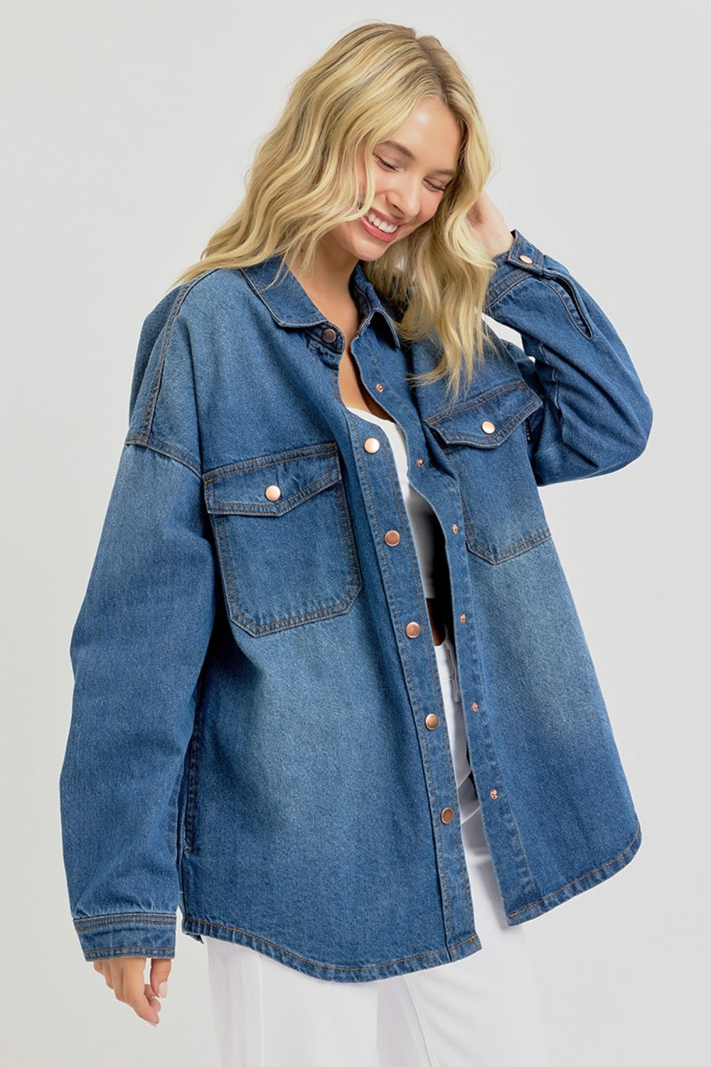 RISEN Full Size Snap Down Long Sleeve Denim Shacket-TOPS / DRESSES-[Adult]-[Female]-2022 Online Blue Zone Planet