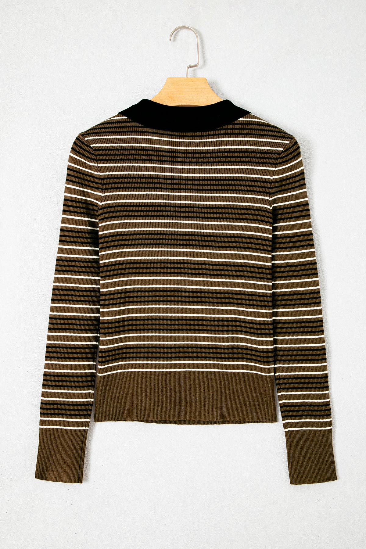 Green Stripe Striped Ribbed Knit Button Collar Sweater-TOPS / DRESSES-[Adult]-[Female]-2022 Online Blue Zone Planet