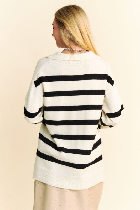 Davi & Dani High-Low Side Slit Striped Johnny Collar Sweater-TOPS / DRESSES-[Adult]-[Female]-2022 Online Blue Zone Planet