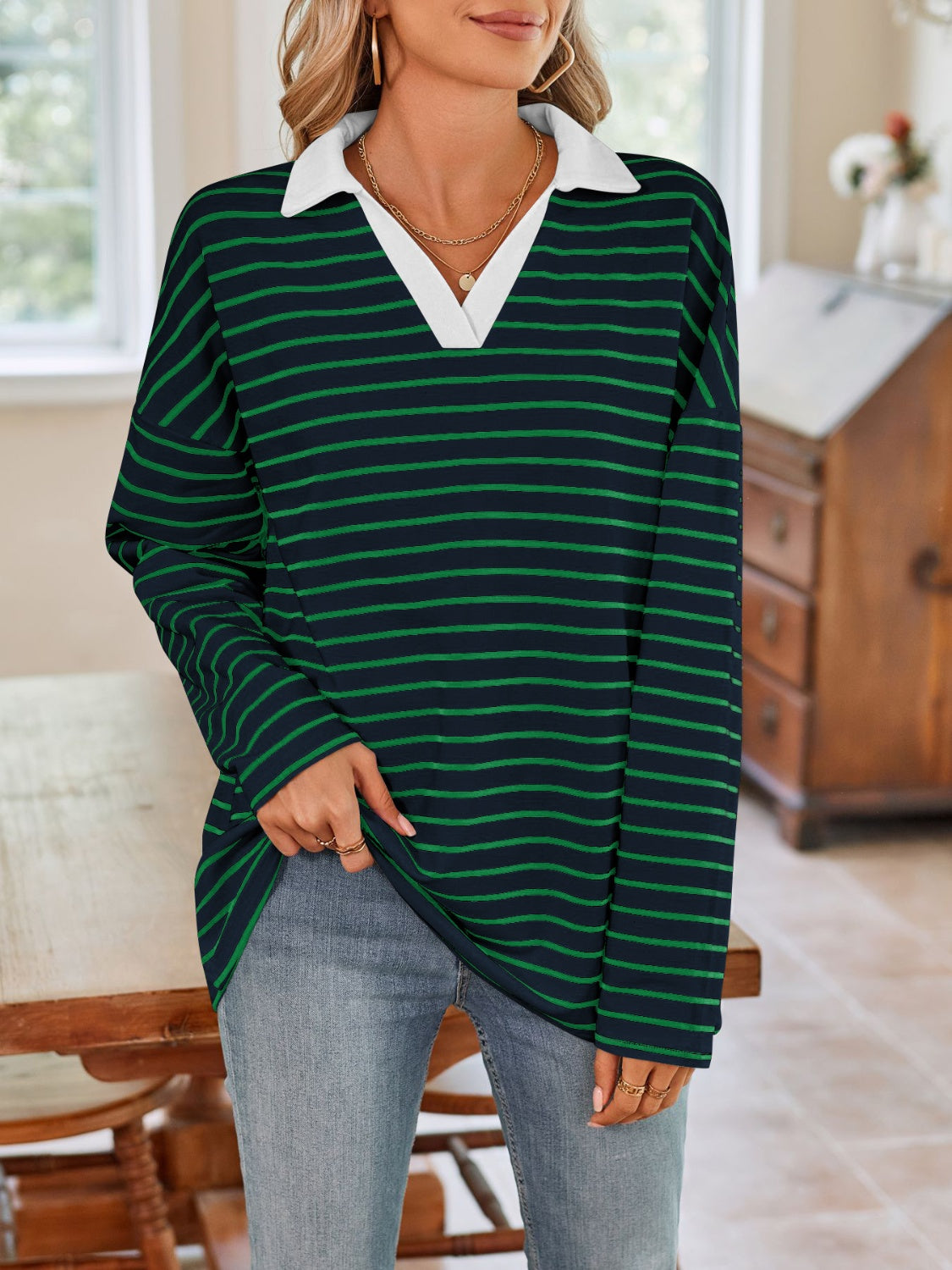 Blue Zone Planet | Lovelet Striped Johnny Collar Long Sleeve T-Shirt-TOPS / DRESSES-[Adult]-[Female]-Dark Green-S-2022 Online Blue Zone Planet