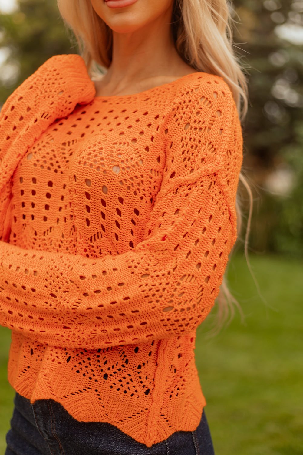 Carrot Solid Color Open Crochet Scallop Edge Sweater-TOPS / DRESSES-[Adult]-[Female]-2022 Online Blue Zone Planet