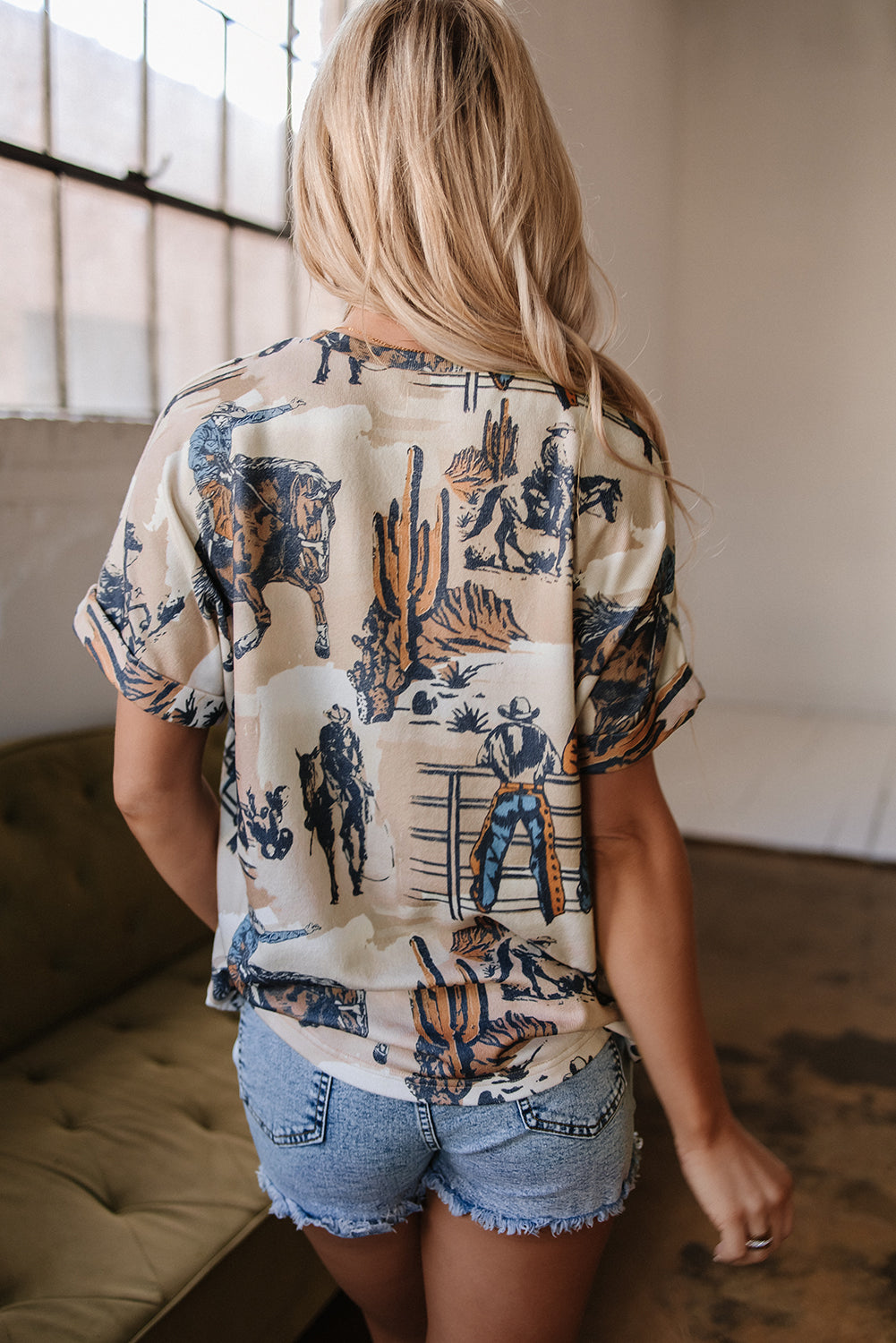 Khaki Western Cowboy Print Cuffed Sleeve Crewneck T Shirt-Tops/Tops & Tees-[Adult]-[Female]-2022 Online Blue Zone Planet