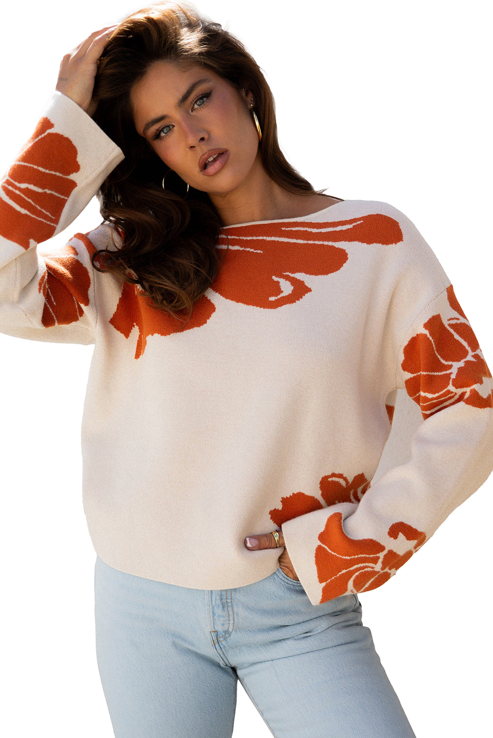 Beige Bold Flower Pattern Wide Sleeve Baggy Sweater-Sweaters & Cardigans/Sweaters-[Adult]-[Female]-2022 Online Blue Zone Planet
