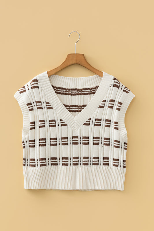 White Contrast Geometric Textured Knit V Neck Cropped Sweater Vest-Sweaters & Cardigans/Sweater Vests-[Adult]-[Female]-2022 Online Blue Zone Planet