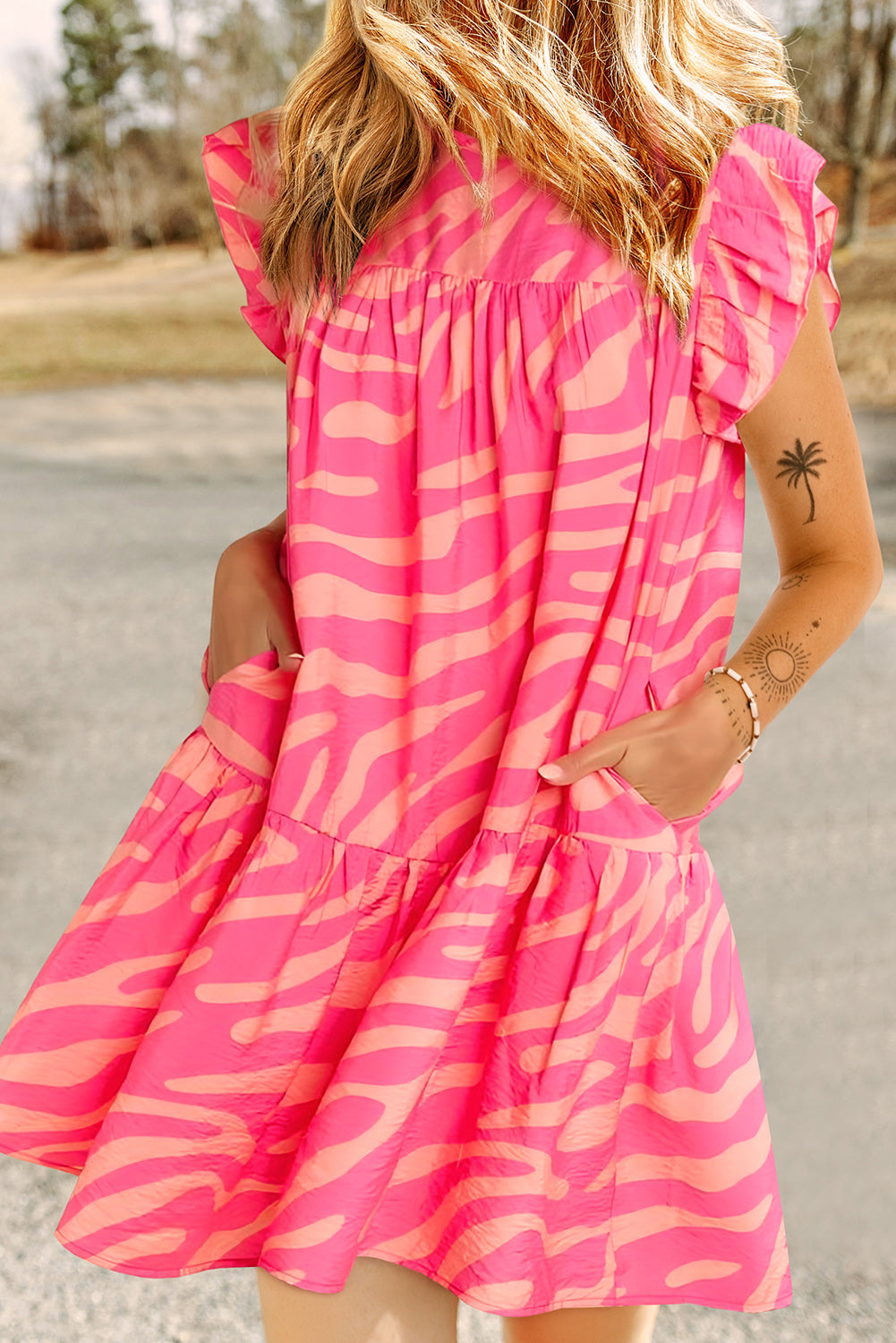 Blue Zone Planet |  Pink Zebra Stripe Printed Ruffle Trim Pocketed Dress Blue Zone Planet