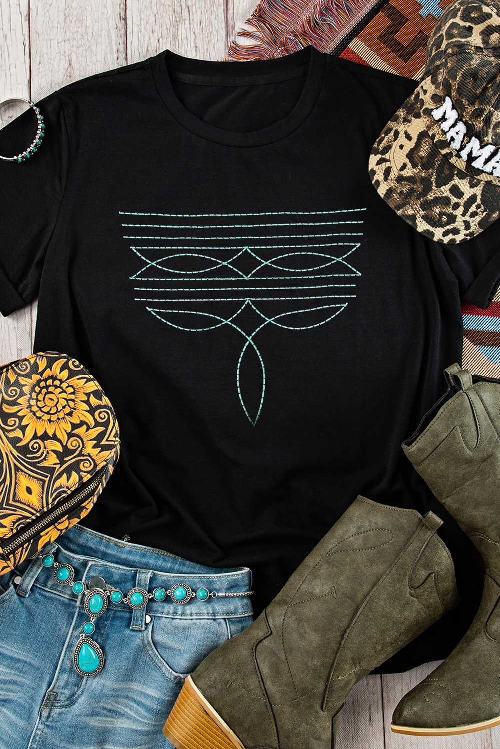 Black Western Fashion Geometric Embroidered T Shirt-Graphic/Graphic Tees-[Adult]-[Female]-2022 Online Blue Zone Planet