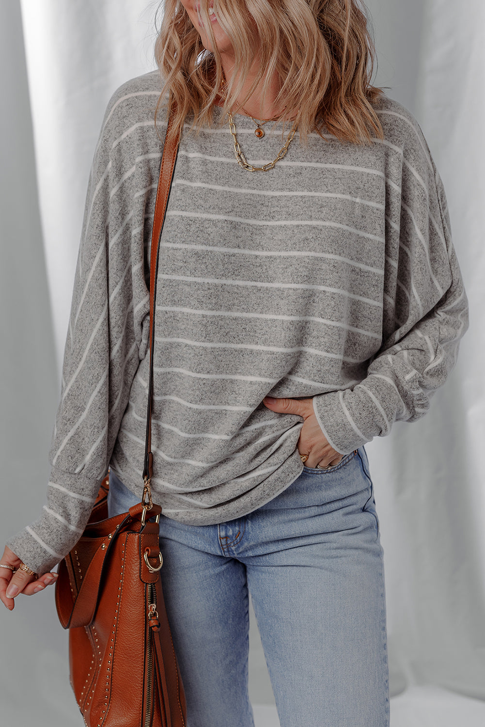 Gray Stripe Dolman Sleeve Drop Shoulder Top-Tops/Long Sleeve Tops-[Adult]-[Female]-2022 Online Blue Zone Planet
