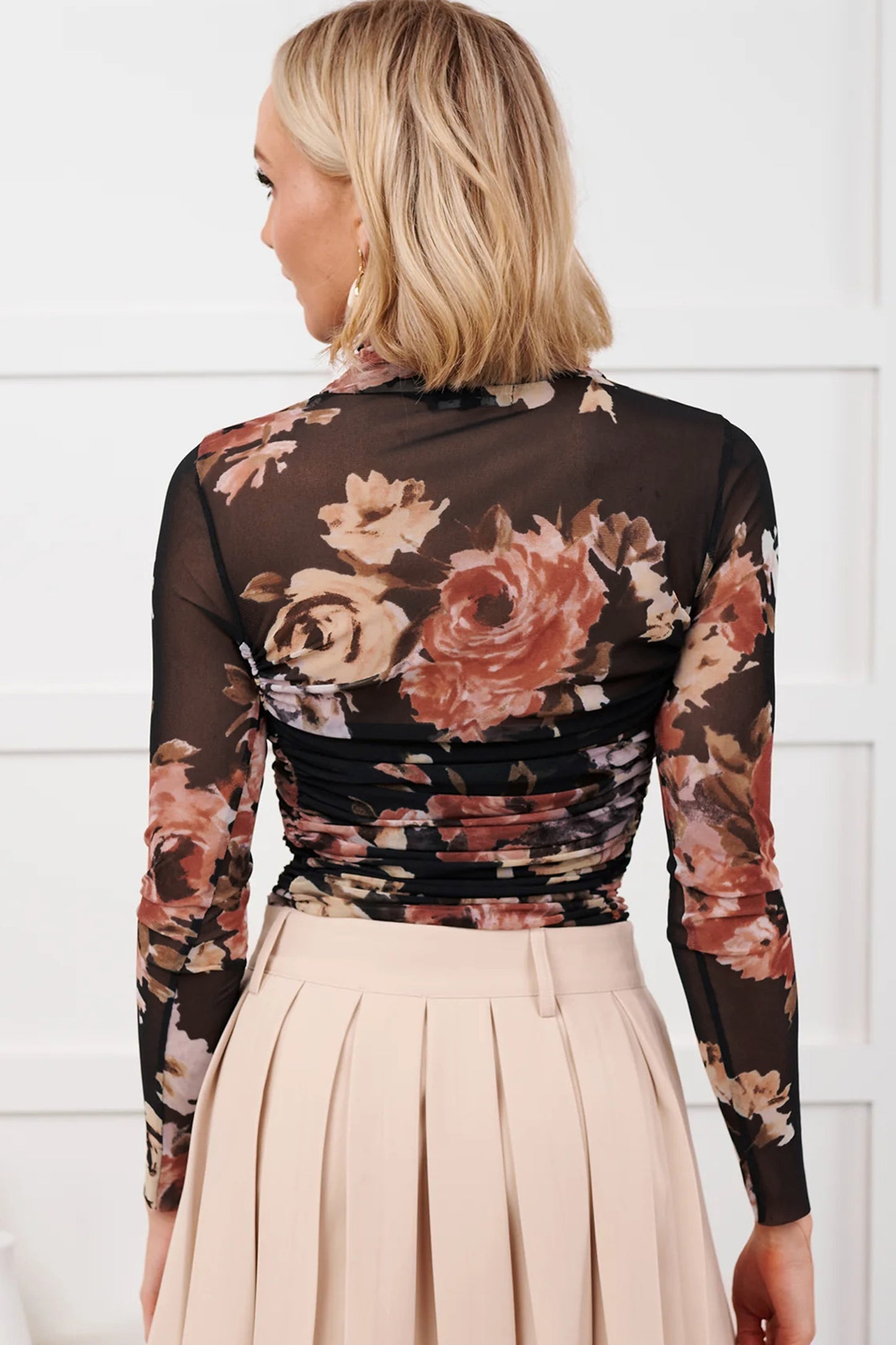 Brown Floral Mesh Long Sleeve High Neck Bodysuit-Tops/Bodysuits-[Adult]-[Female]-2022 Online Blue Zone Planet