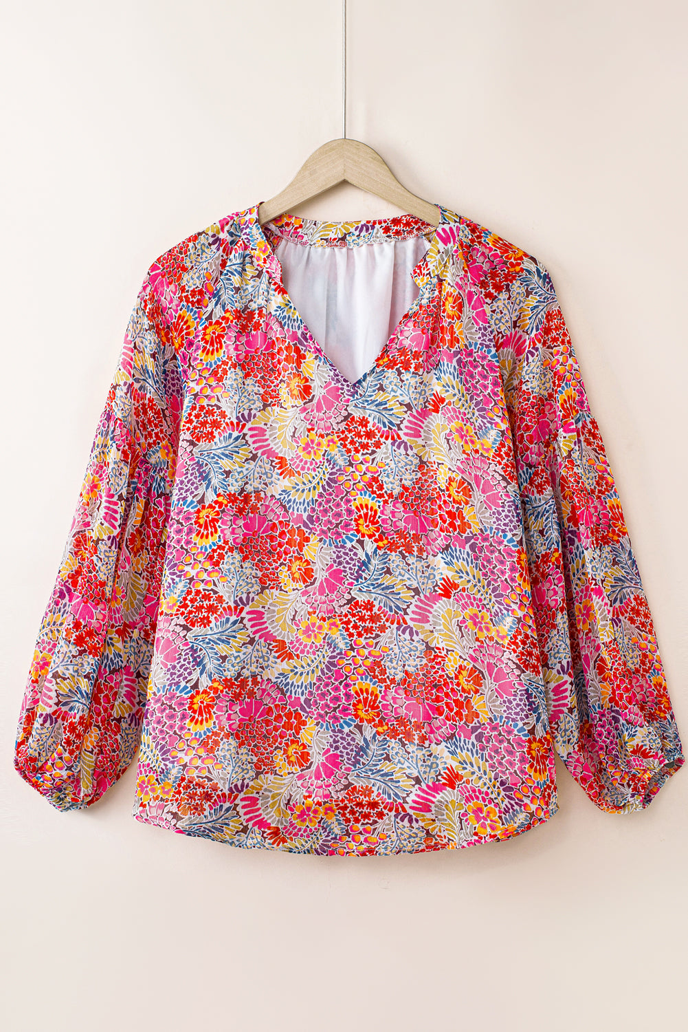 Fiery Red White Floral Print V Neck Long Puff Sleeve Top-Tops/Blouses & Shirts-[Adult]-[Female]-2022 Online Blue Zone Planet