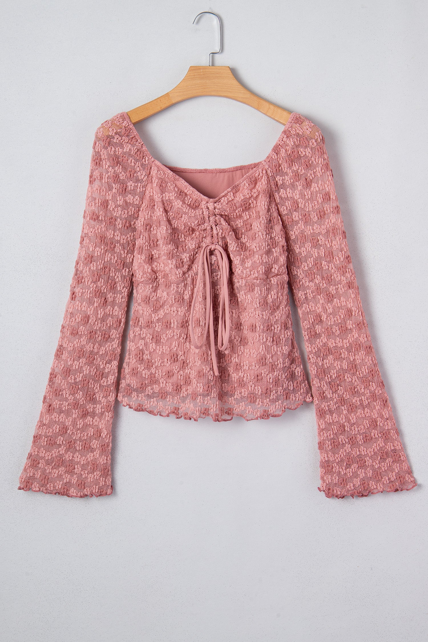 Peach Blossom Drawstring Knot Detail Floral Lace Blouse-Tops/Blouses & Shirts-[Adult]-[Female]-2022 Online Blue Zone Planet