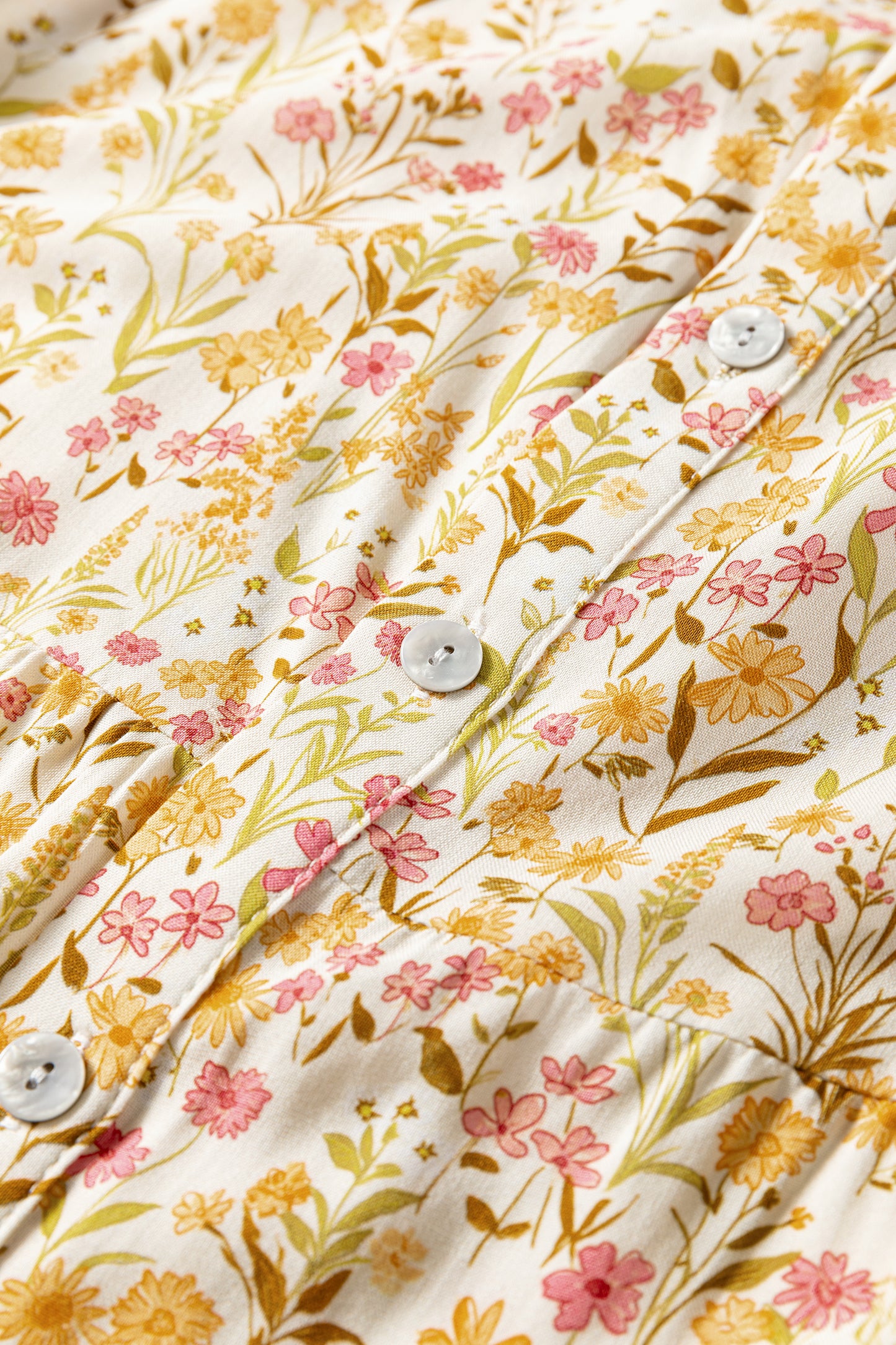 Yellow Floral Print Frilly Trim Smocked Cuff Long Sleeve Loose Shirt Dress-TOPS / DRESSES-[Adult]-[Female]-2022 Online Blue Zone Planet