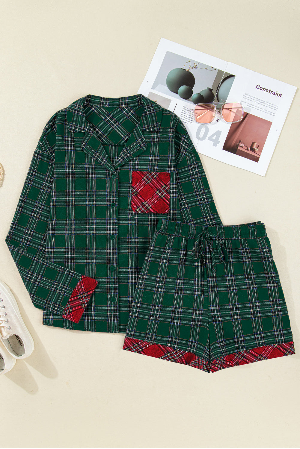 Green Plaid Contrast Patched Christmas Holiday Long Sleeve Shirt and Short 2pcs Pajama Set-Loungewear & Sleepwear/Sleepwear-[Adult]-[Female]-2022 Online Blue Zone Planet