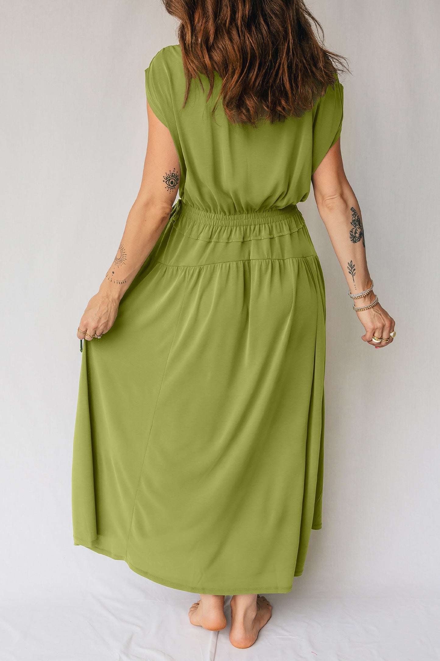 Fern Green Solid V Neck Cap Sleeve Tunic Elastic Waist Versatile Maxi Dress-Dresses/Maxi Dresses-[Adult]-[Female]-2022 Online Blue Zone Planet