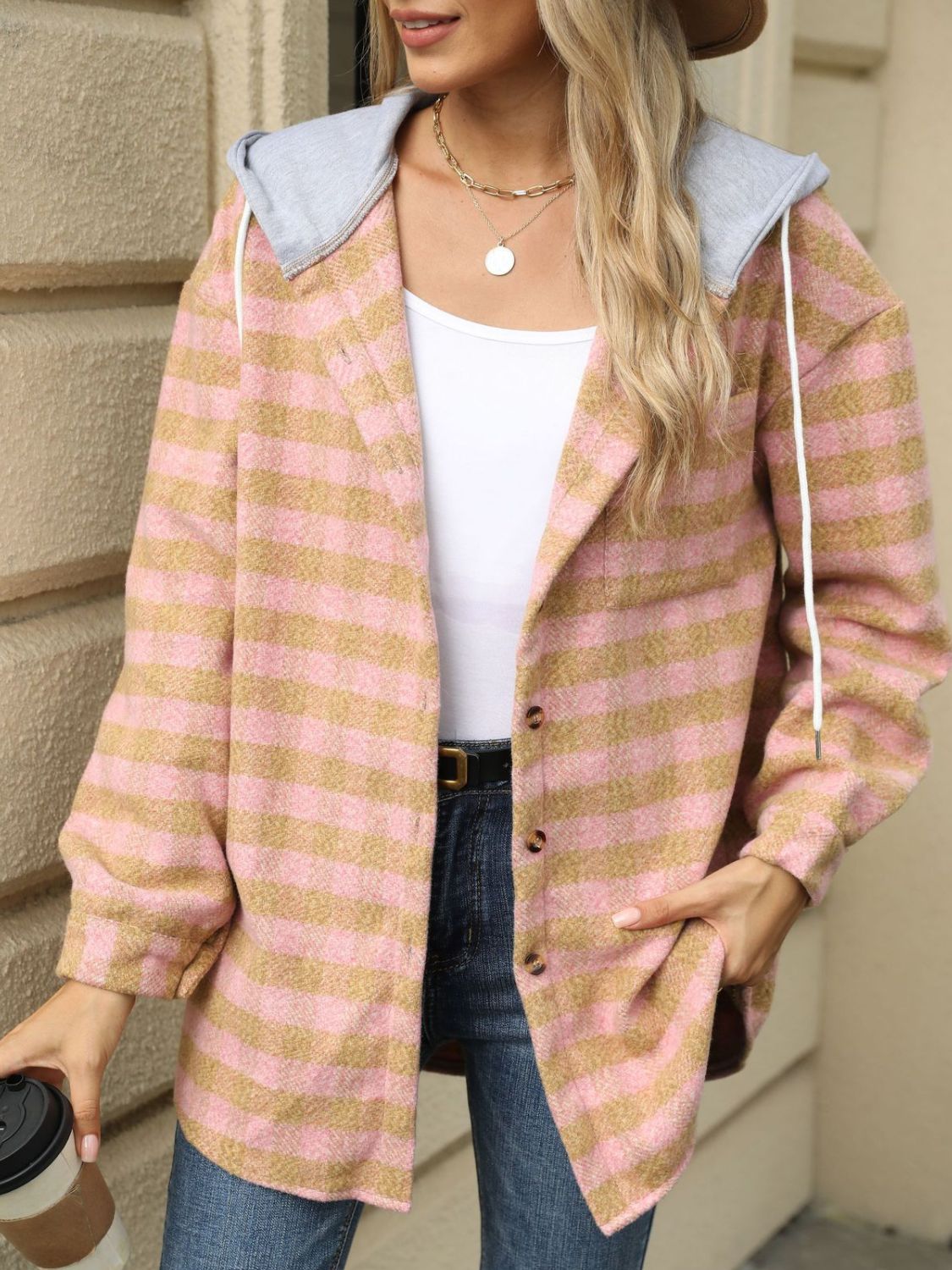 Drawstring Plaid Long Sleeve Hooded Jacket-TOPS / DRESSES-[Adult]-[Female]-Sherbet-S-2022 Online Blue Zone Planet