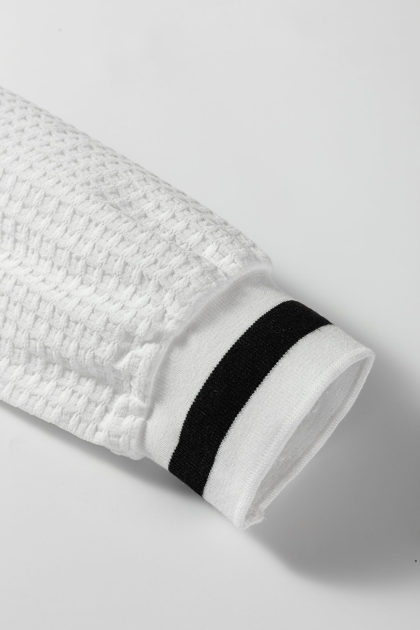 White Textured Knit Preppy Striped Trim V Neck Pullover Waffle Top-Tops/Long Sleeve Tops-[Adult]-[Female]-2022 Online Blue Zone Planet