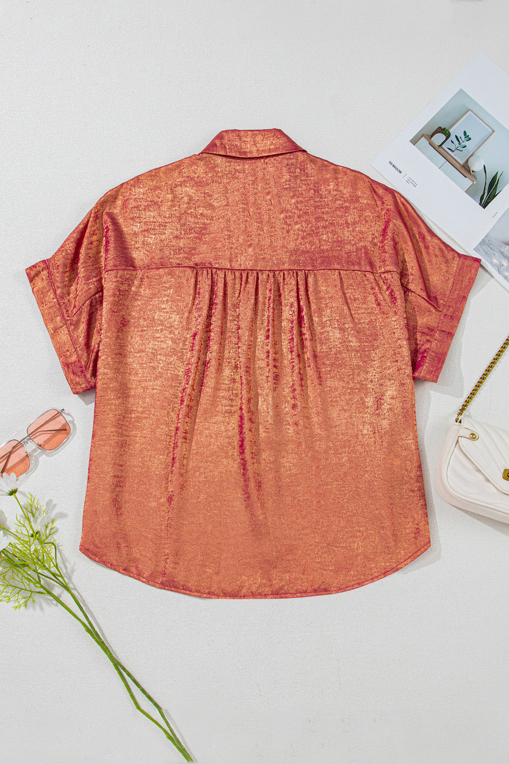 Rose Red Plus Size Metallic Sheen Short Sleeve Button Up Shirt-Plus Size/Plus Size Tops/Plus Size Blouses & Shirts-[Adult]-[Female]-2022 Online Blue Zone Planet