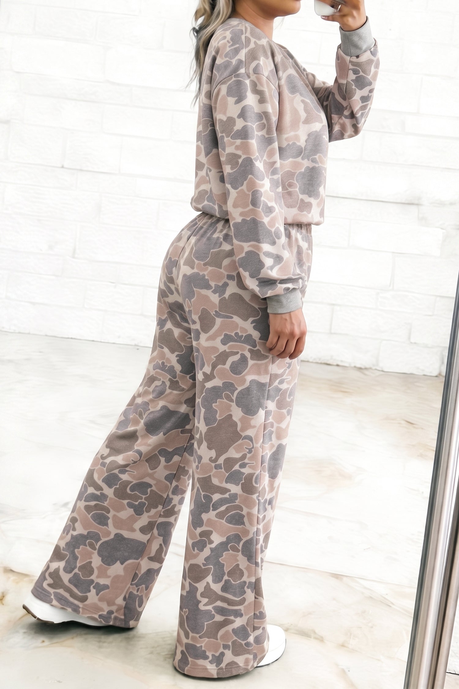 Multicolour Camouflage Long Sleeve Round Neck Two-Piece Plus Size Set-Plus Size/Plus Size Loungewear-[Adult]-[Female]-2022 Online Blue Zone Planet