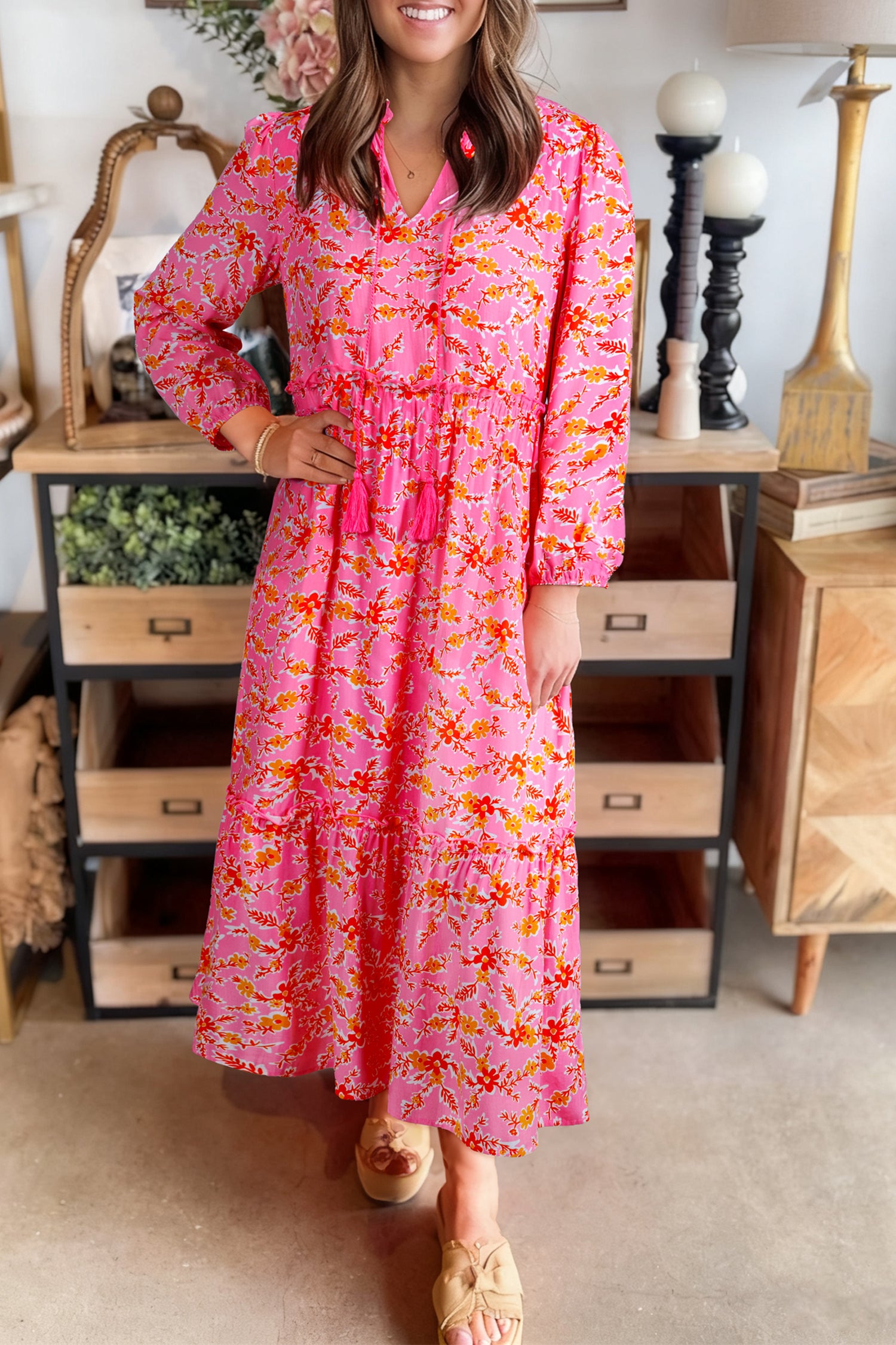 Pink Floral Long Sleeve Tassel Tied V Neck Maxi Dress-Dresses/Maxi Dresses-[Adult]-[Female]-Pink-S-2022 Online Blue Zone Planet