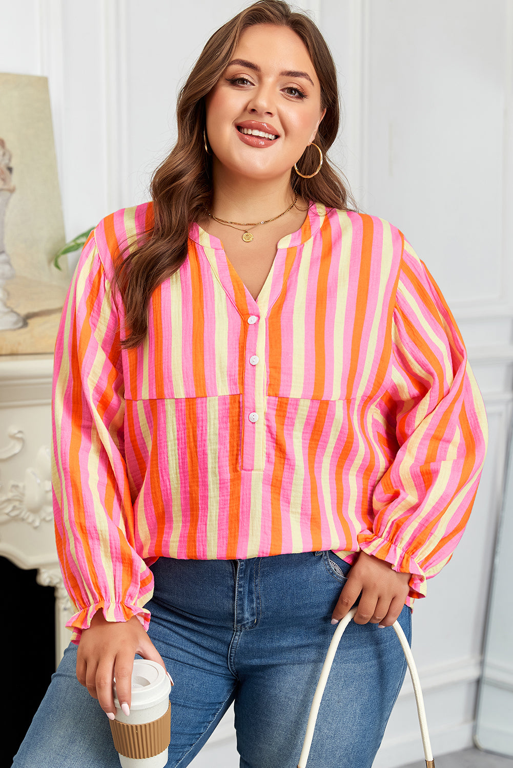 Pink Stripe Crinkled Half Buttons V Neck Plus Size Blouse-Plus Size/Plus Size Tops/Plus Size Blouses & Shirts-[Adult]-[Female]-2022 Online Blue Zone Planet