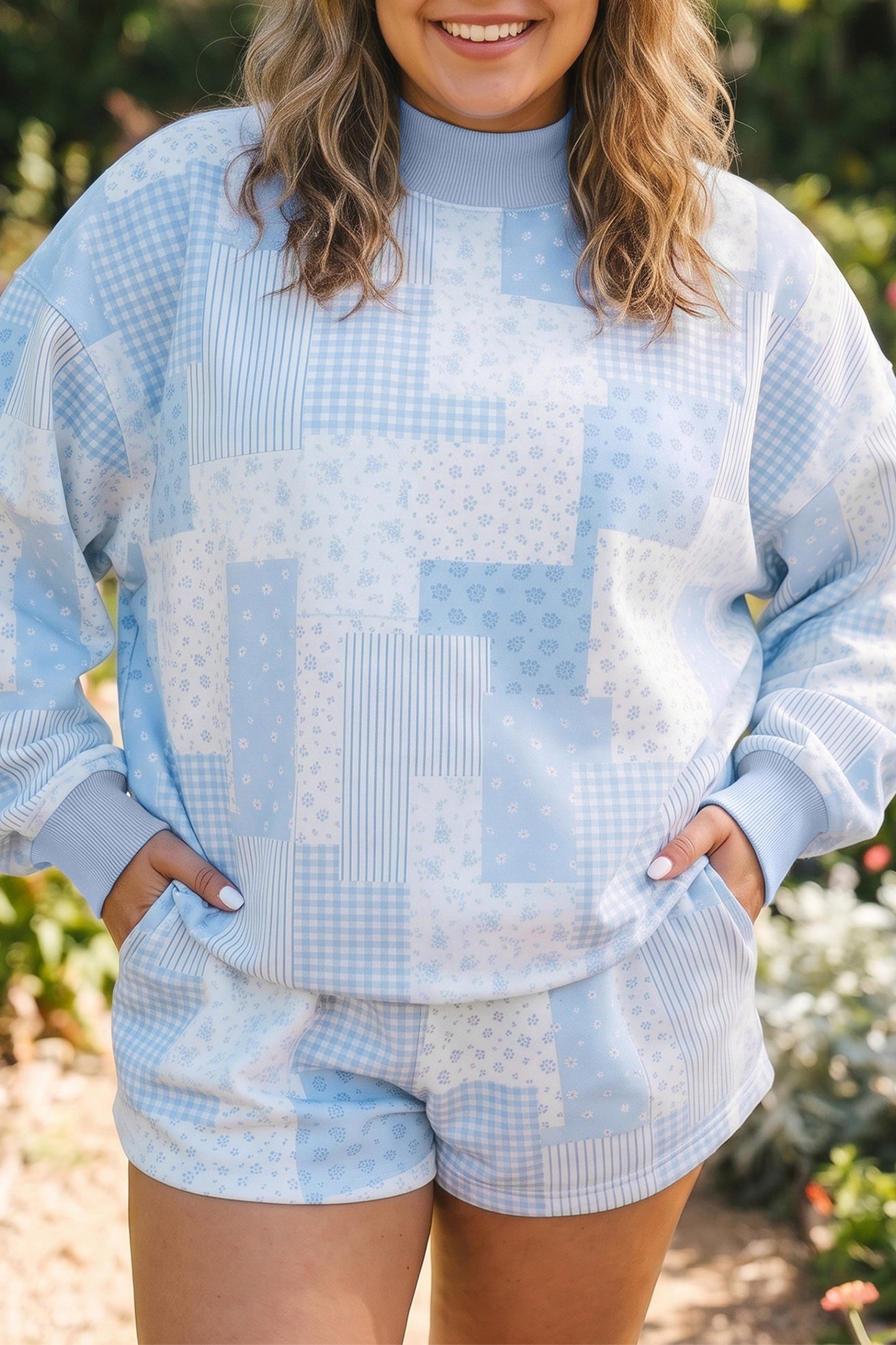 Sky Blue Patchwork Floral Print Stand Neck Long Sleeve Two-piece Outfit Plus Size Set-Plus Size/Plus Size Loungewear-[Adult]-[Female]-Sky Blue-1X-2022 Online Blue Zone Planet