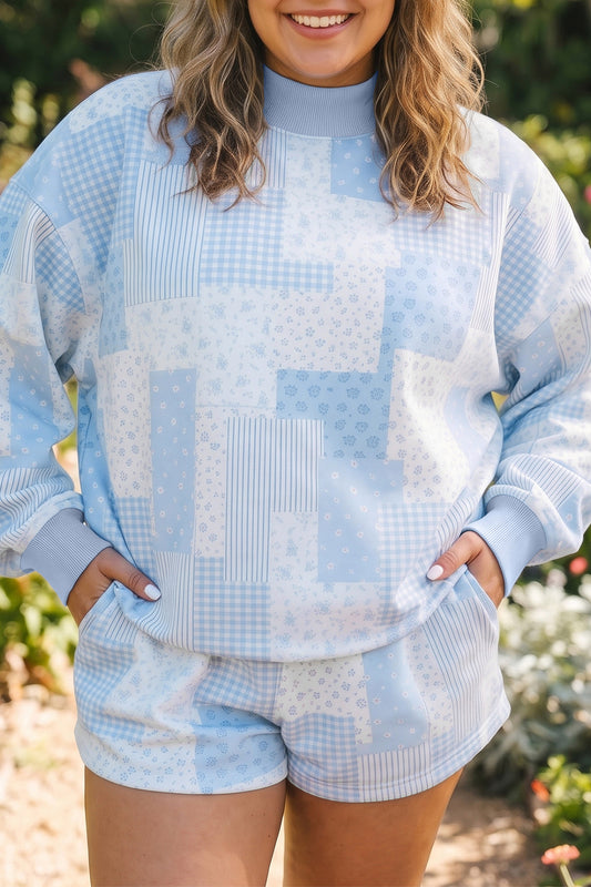 Sky Blue Patchwork Floral Print Stand Neck Long Sleeve Two-piece Outfit Plus Size Set-Plus Size/Plus Size Loungewear-[Adult]-[Female]-Sky Blue-1X-2022 Online Blue Zone Planet