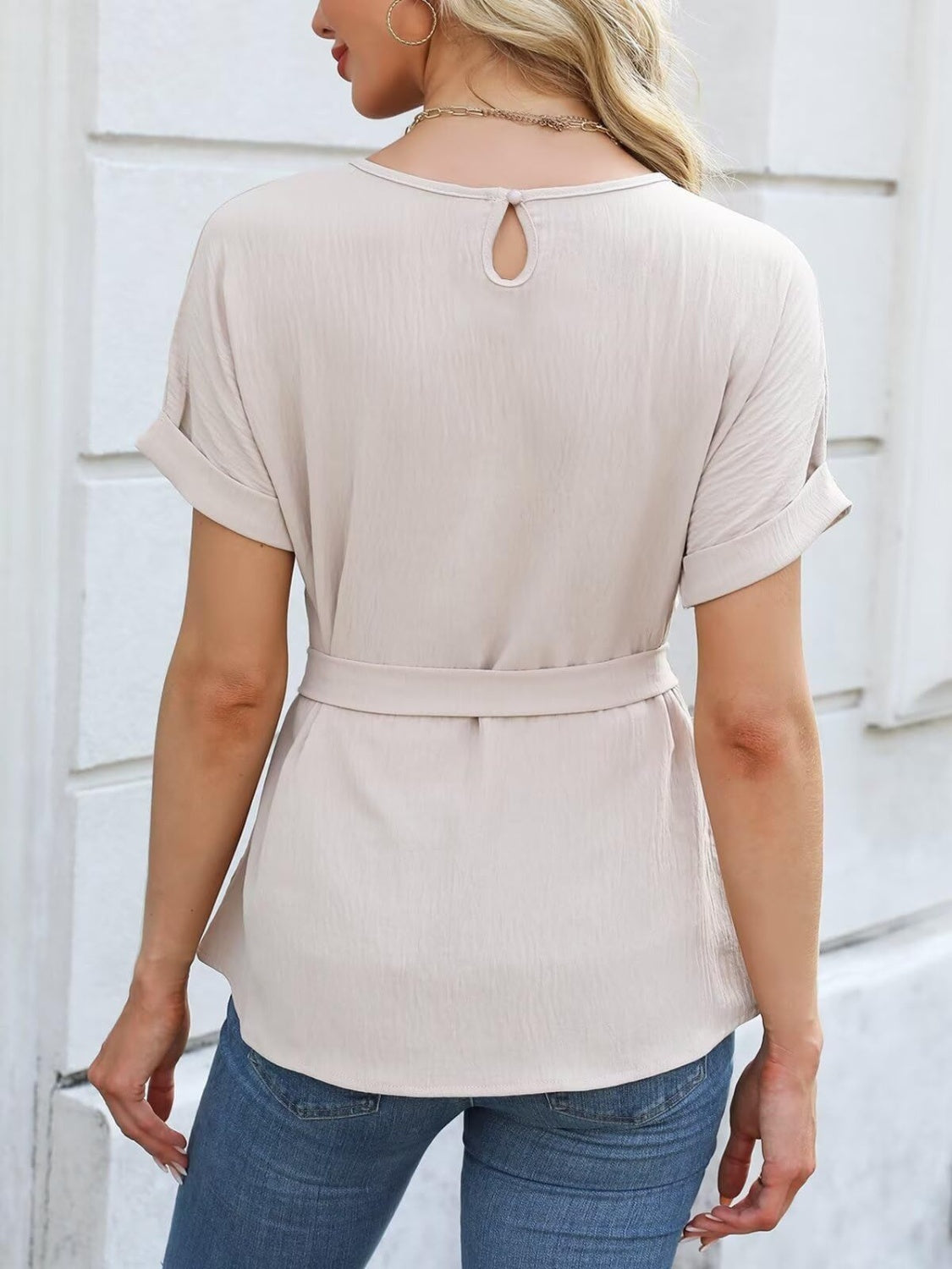 Tied Pleated Round Neck Short Sleeve Top-TOPS / DRESSES-[Adult]-[Female]-2022 Online Blue Zone Planet