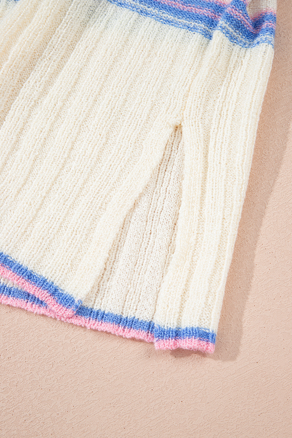 White Striped V Neck Dolman Sleeve Rib Knit Oversized Sweater with Slits-TOPS / DRESSES-[Adult]-[Female]-2022 Online Blue Zone Planet