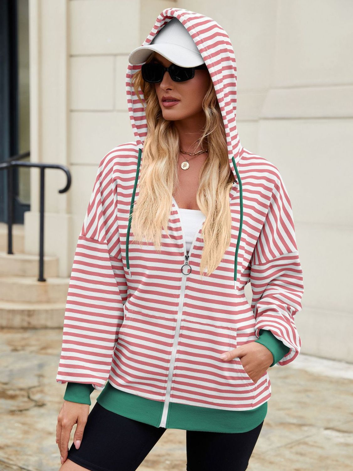 Drawstring Striped Zip Up Long Sleeve Hoodie-TOPS / DRESSES-[Adult]-[Female]-2022 Online Blue Zone Planet