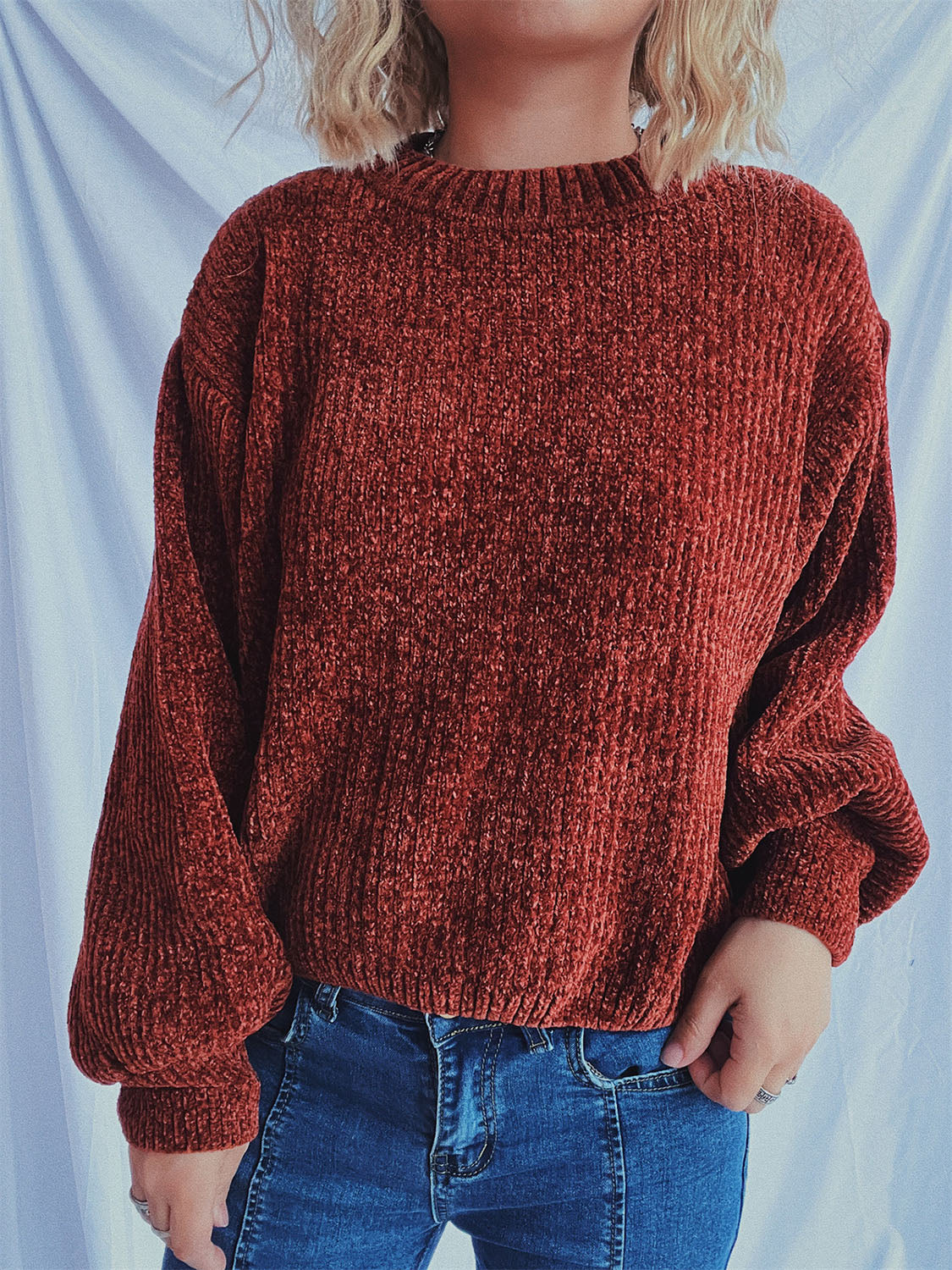 Round Neck Dropped Shoulder Long Sleeve Sweater-TOPS / DRESSES-[Adult]-[Female]-Terracotta-One Size-2022 Online Blue Zone Planet