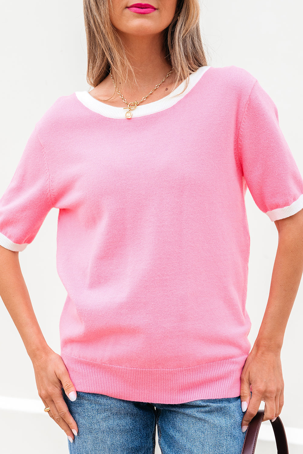 Bonbon Colorblock Bow V-Shape Cut Back Short Sleeve Sweater-TOPS / DRESSES-[Adult]-[Female]-2022 Online Blue Zone Planet
