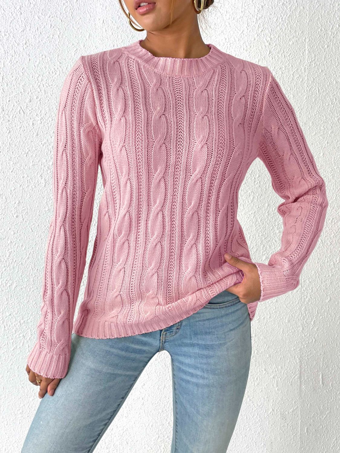 Cable-Knit Round Neck Sweater-TOPS / DRESSES-[Adult]-[Female]-Dusty Pink-S-2022 Online Blue Zone Planet