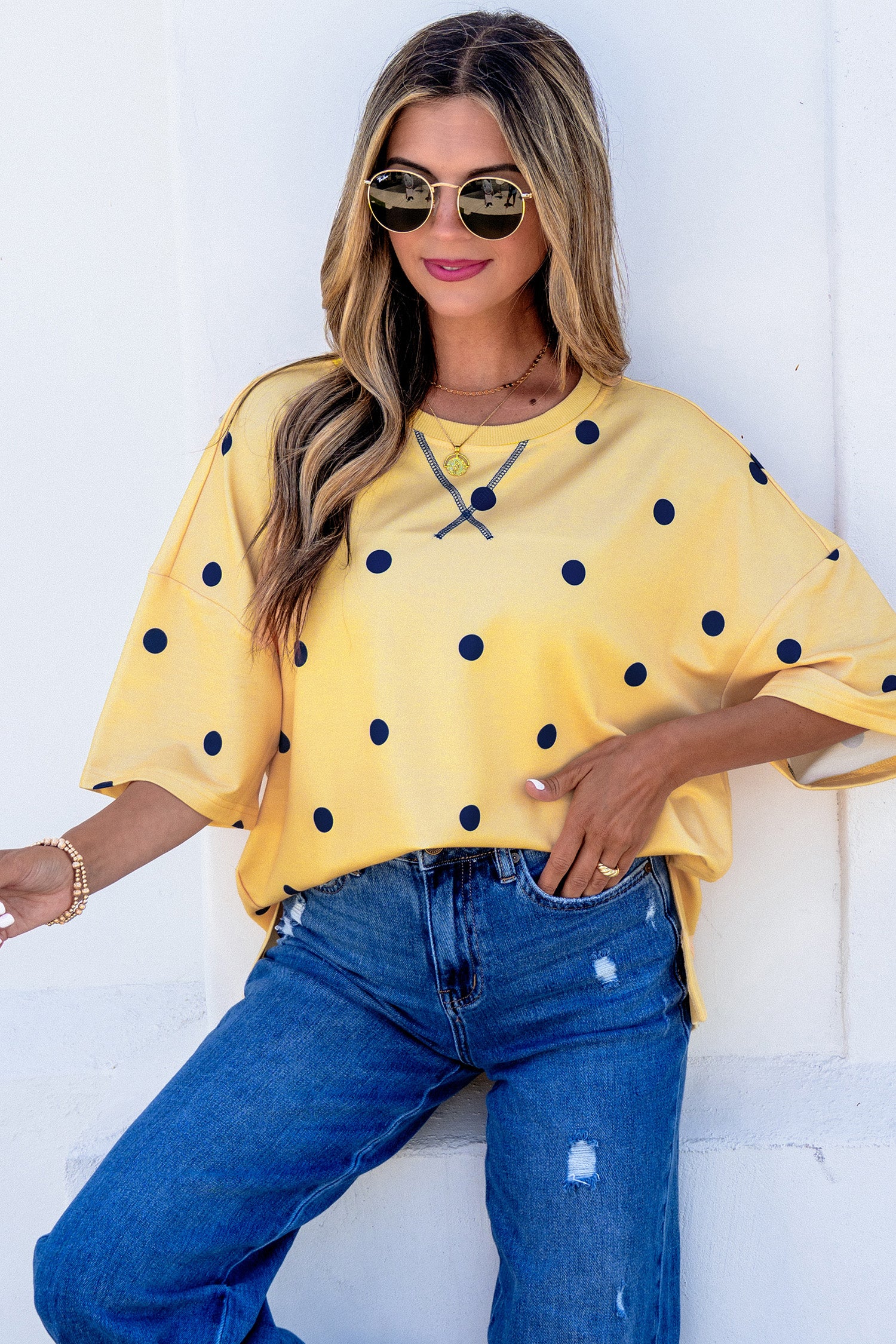 Yellow Polka Dot Print Crossed Seam Detail Oversize Tee-Tops/Tops & Tees-[Adult]-[Female]-2022 Online Blue Zone Planet