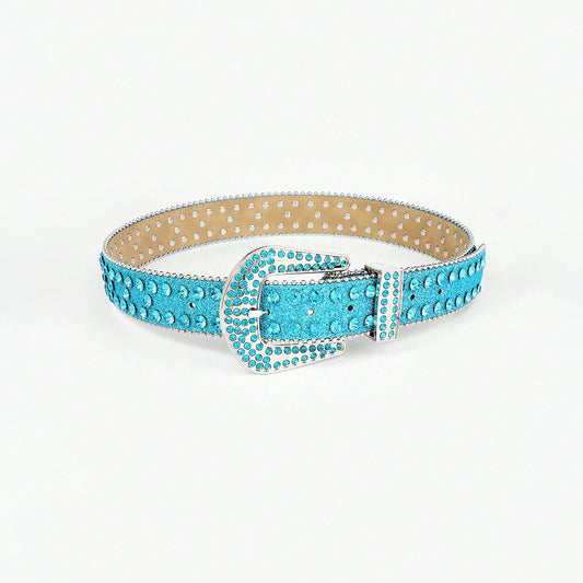 Rhinestone PU Leather Belt-BELTS-[Adult]-[Female]-Pastel Blue-S-2022 Online Blue Zone Planet