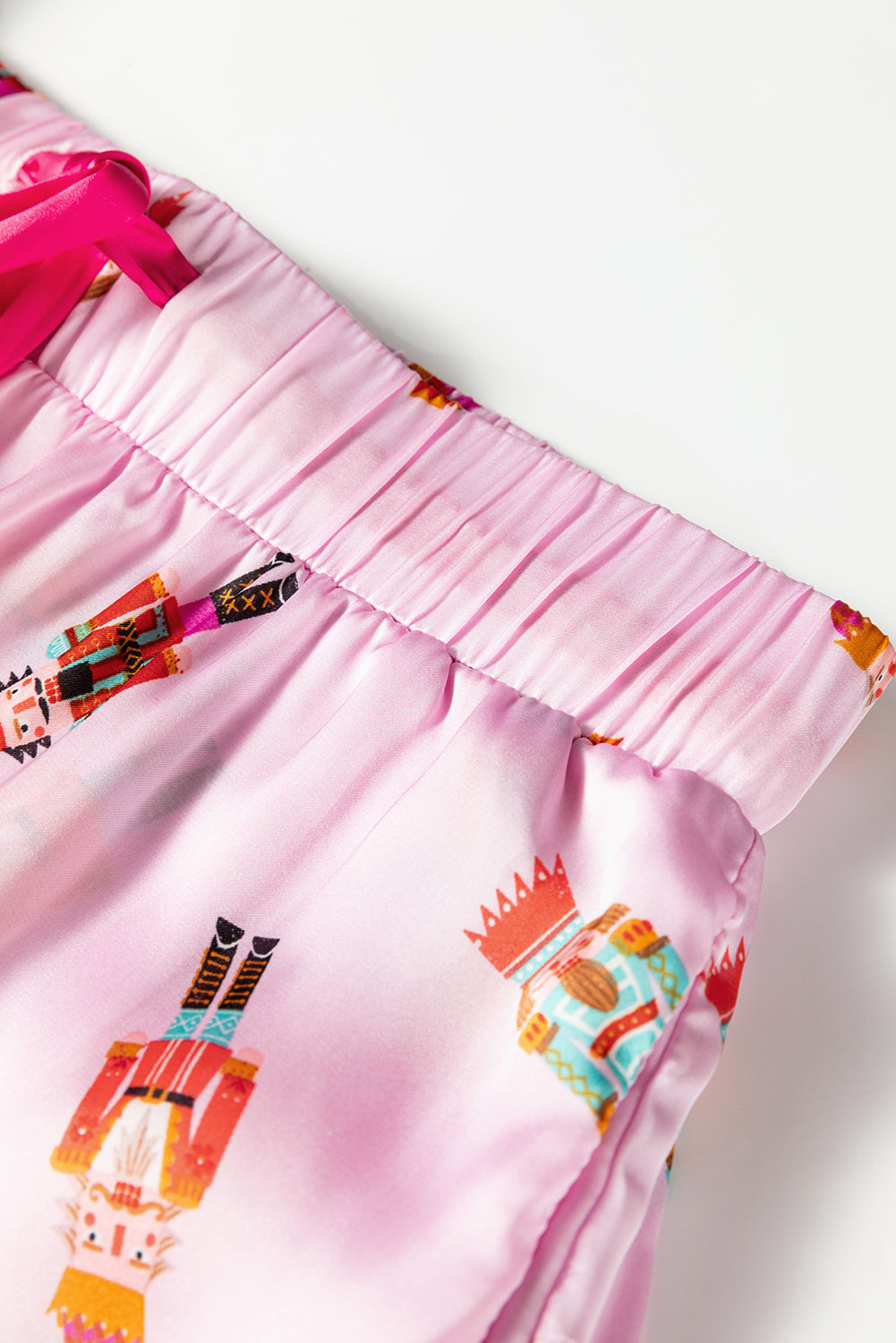 Pink Nutcracker Print Contrast Trim Tied up Bow Silky 2pcs Pajama Set-Loungewear & Sleepwear/Sleepwear-[Adult]-[Female]-2022 Online Blue Zone Planet